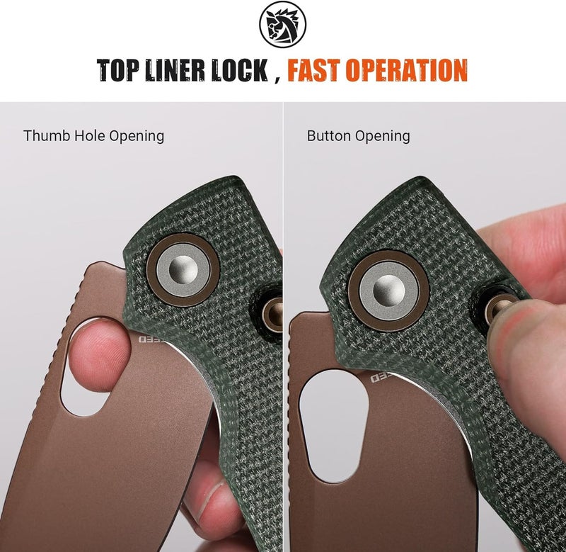 Vosteed Porcupine EDC Pocket Knife - 2.99" 14C28N Copper Dune Blade - Top Liner Lock, Green Micarta Handle - Camping, Hiking Knives - A2609 - Image 4